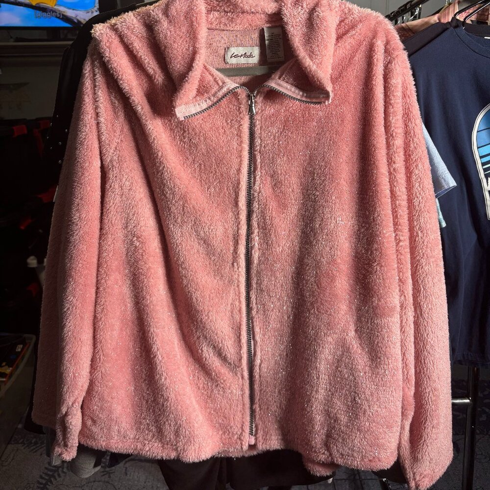 NWT Le Moda Minky Fleece Full Zip Pink and Gold Tinsle Womens XL